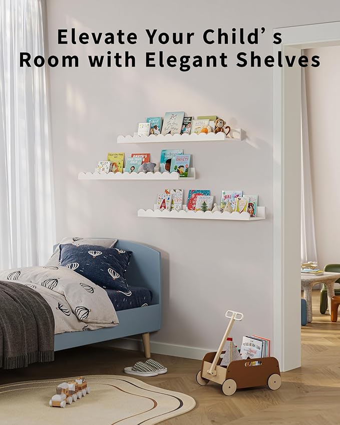 Nursery Book Shelves, Set of 3, Nursery Decor for Baby and Toddler, Scalloped Shelves, Book Shelf for Kids Rooms, Wall Book Shelf for Bedroom Kids, Floating Shelf for Wall