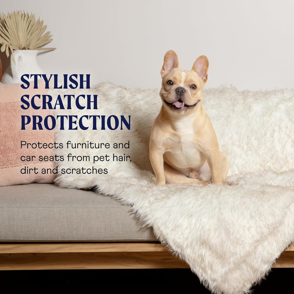 PupProtector Waterproof Throw Blanket for Dogs and Cats, Pet Blanket Cover for Couches, Sofas, Beds, Car Seats, Furniture, Calming Soft Faux Fur, White with Brown Accents, Original (60" L x 50" W)