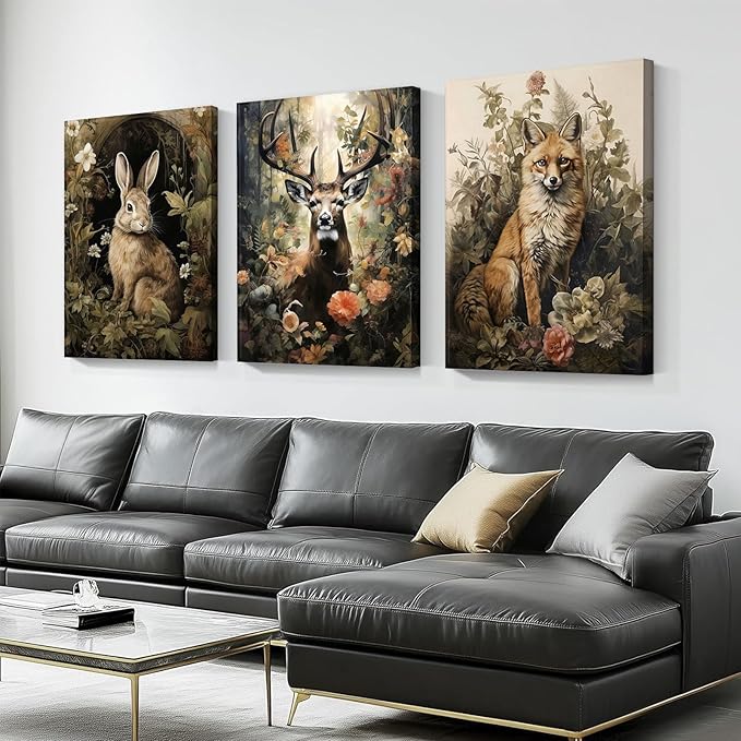 3pcs Vintage Forest Animal Canvas Wall Art Wild Animal Deer Rabbit Fox Paintings Pictures Dark Academia Wall Decor Gothic Botanical Posters Print Artwork for Living Room Office Decor 16x24in