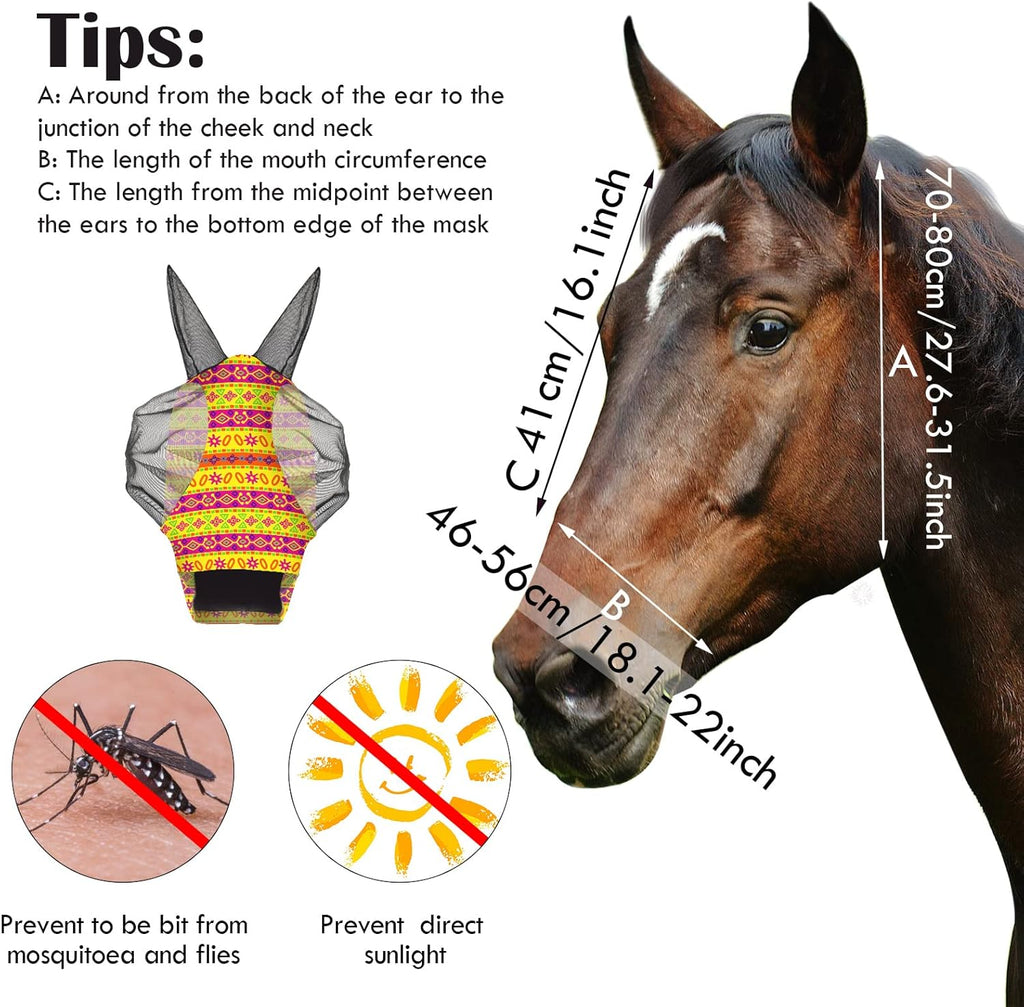 Chunful 6 Pcs Horse Fly Masks with Ears Smooth and Comfortable Cashel Mesh Fly Mask Elasticity Breathability UV Protection Horse Face Covering for Riding Supplies(Geometric,Medium)