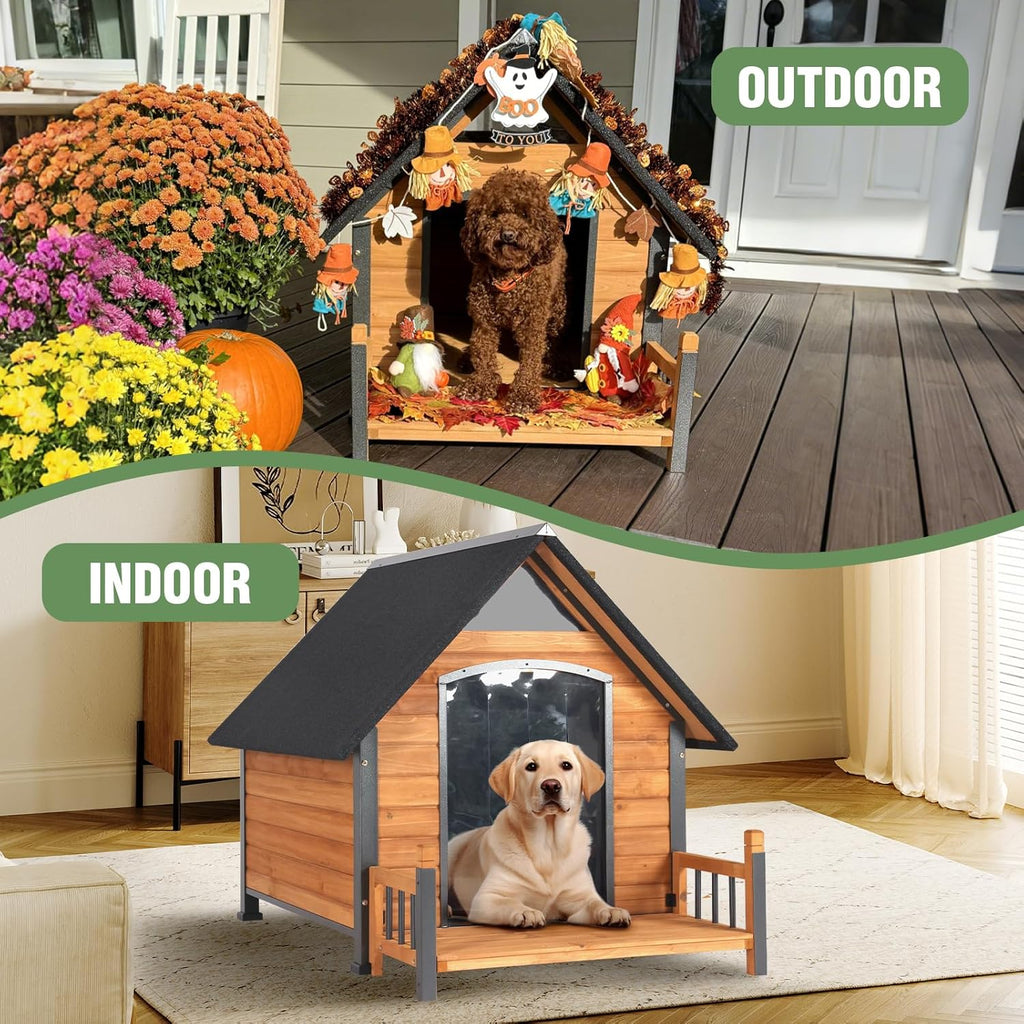 Large Dog House Outdoor Insulated Weatherproof Dog Kennel with Insulated Liner, Dog Shelter for Large Breed with Anti-Chewing Iron Fram and Porch (Brown, 50.9" D x 37.4" W x 37.2" H)
