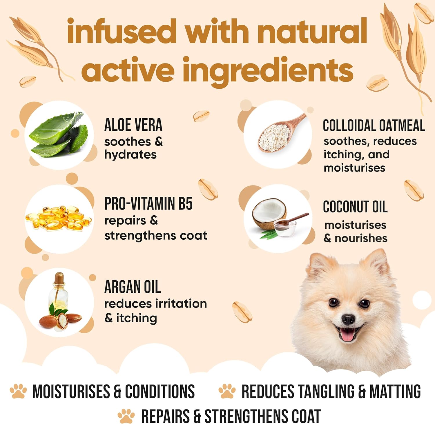 Oatmeal Dog Conditioner (16.90oz) Made with Aloe Vera, Argan Oil & Pro Vitamin B5 to Detangle Matted Coats & Relieve Sensitive & Itchy Skin, Suitable for Puppies from 8 Weeks, Vegan