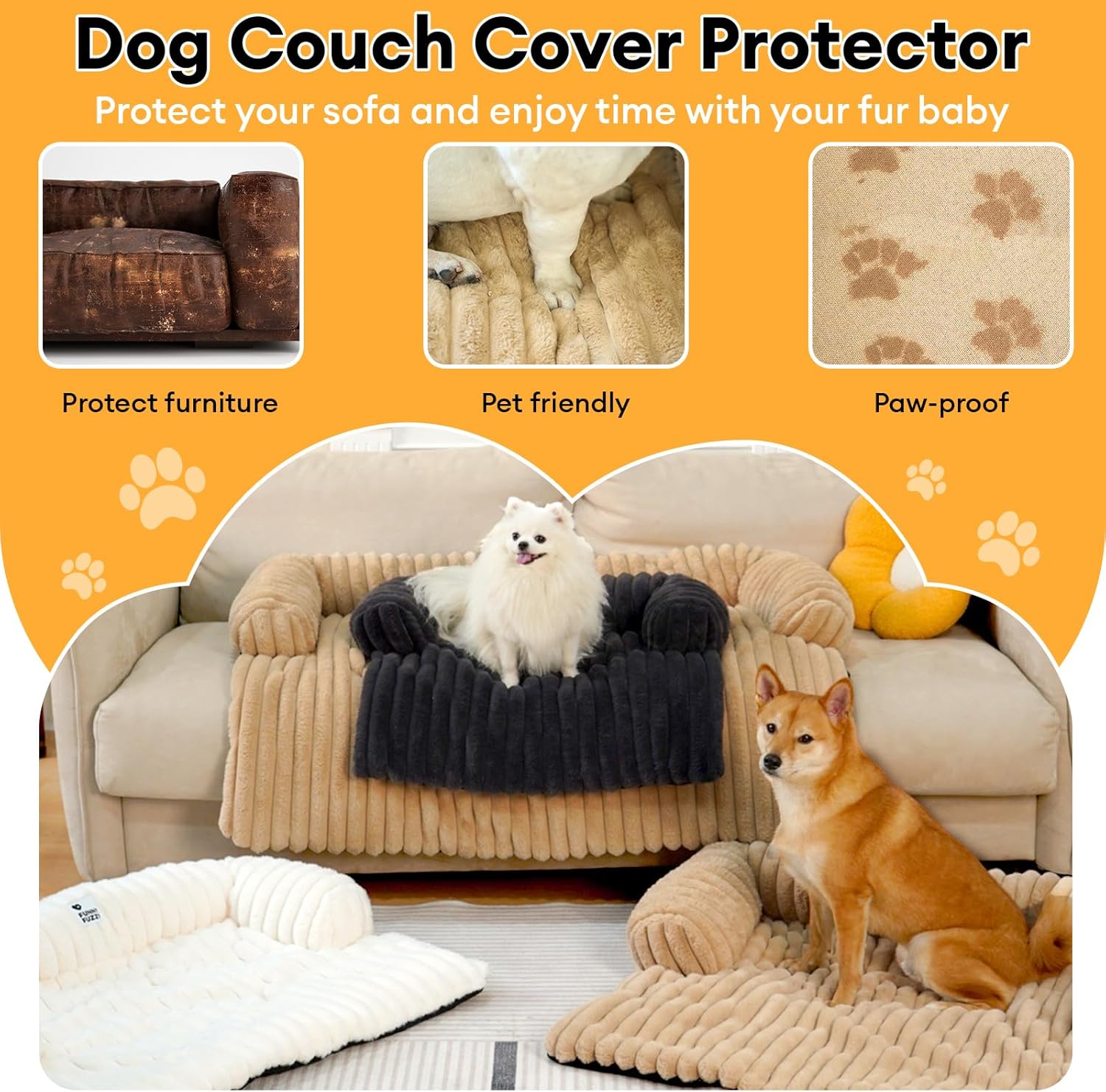 FUNNY FUZZY Pet Couch Cover for Sofa, Calming Dog Bed for Couch, Fluffy Plush Dog Couch Mat for Furniture Protector for Large Medium Small Pets, 47×37 in, Pink