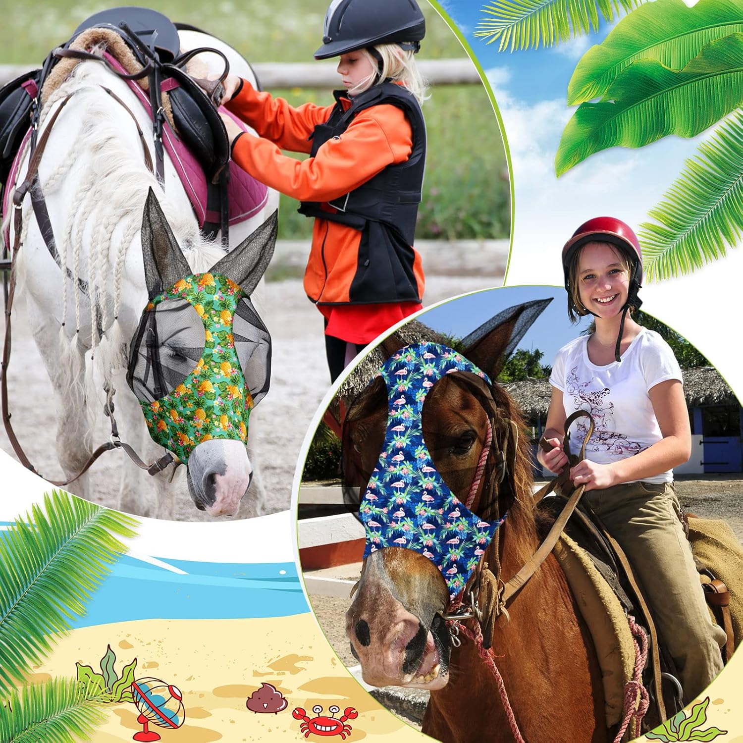Chunful 6 Pcs Horse Fly Masks with Ears Smooth and Comfortable Cashel Mesh Fly Mask Elasticity Breathability UV Protection Horse Face Covering for Riding Supplies(Flamingo,Large)