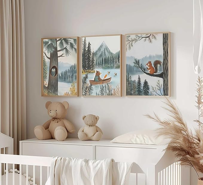 3Pcs Woodland Animal Nursery Canvas Wall Art Cute Watercolor Forest Wild Animals Bear Owl Squirrel Painting Picture Wall Decor Poster Print Artwork for Boy Girl Kids Bedroom Home Decoration Unframed