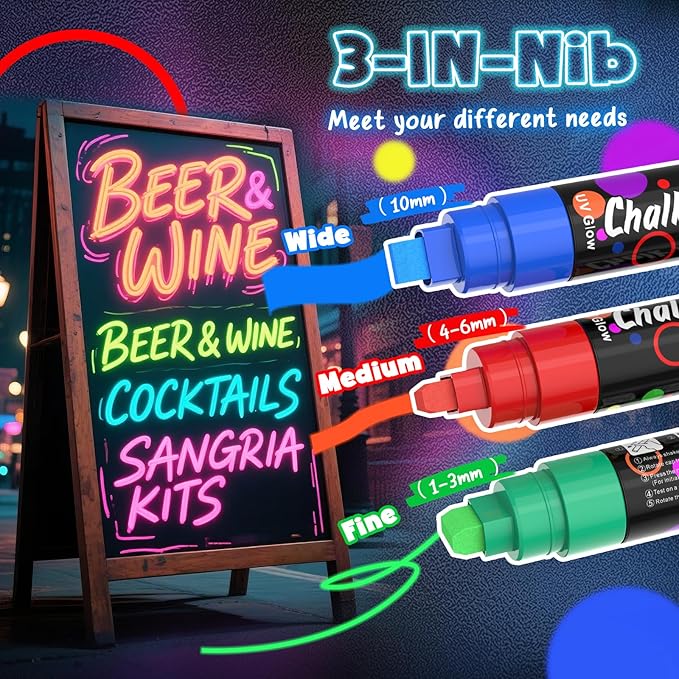 8 UV Neon Chalk Markers Glow in the Dark under Blacklight, Jumbo Liquid Chalk Markers Erasable 10mm 3 In 1 Nib, Car Window Marker For Glass Chalkboard Blackboard Bistro Signs Menu Board