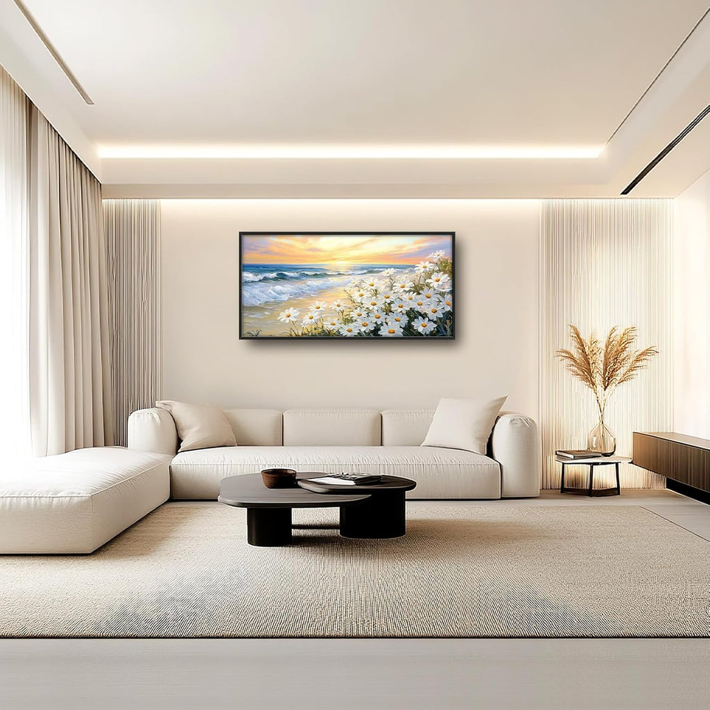 Large Beach Daisy Wall Art, Framed Coastal Beach Wall Decor for Living Room, Oversized Sunrise Canvas Painting Seascape Pictures Home Decoration for Living Room Bedroom Office 60"x30"