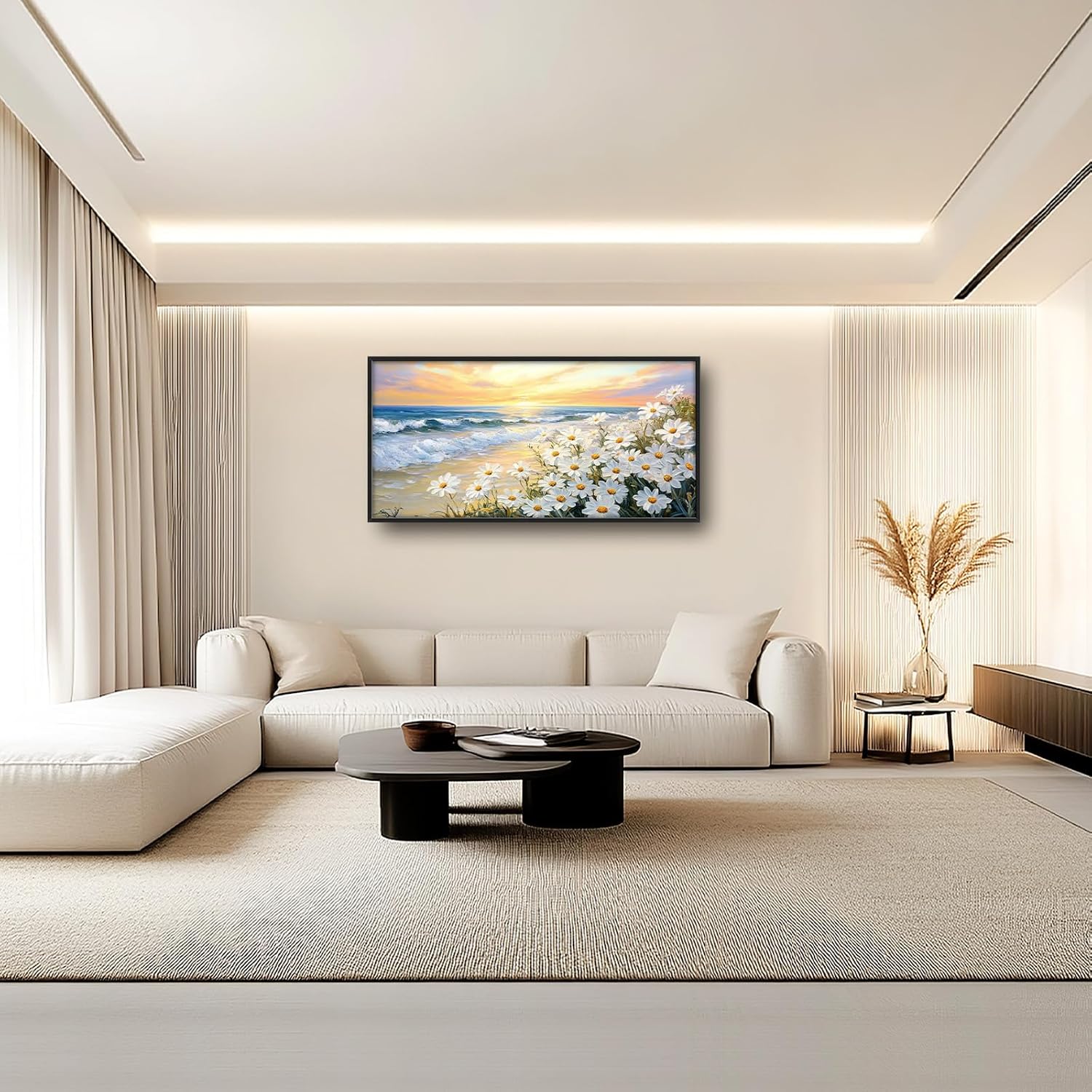 Large Beach Daisy Wall Art, Framed Coastal Beach Wall Decor for Living Room, Oversized Sunrise Canvas Painting Seascape Pictures Home Decoration for Living Room Bedroom Office 60"x30"
