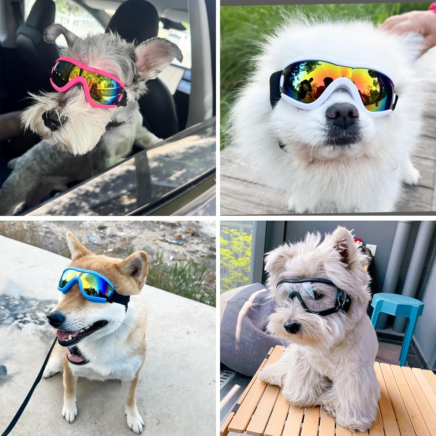Dog Goggles Small Breed Dog Sunglasses with Adjustable for UV Protection Eyewear Doggy Doggie Puppy Glasses Anti-Fog Wind Dust Snowproof (White Frame Red Lens)