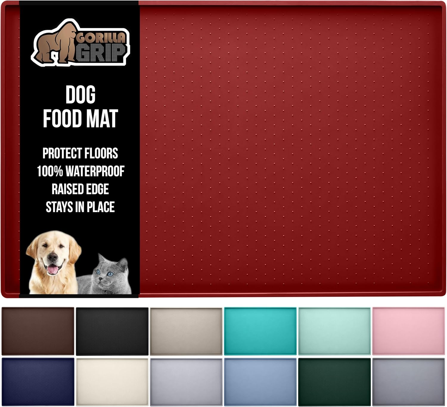 GORILLA GRIP 100% Waterproof Raised Edge BPA Free Silicone Pet Feeding Mat, Dog Cat Food Mats Contain Spills Protects Floors, Placemats for Cats and Dogs Water Bowl, Pets Accessories 28x18 Red