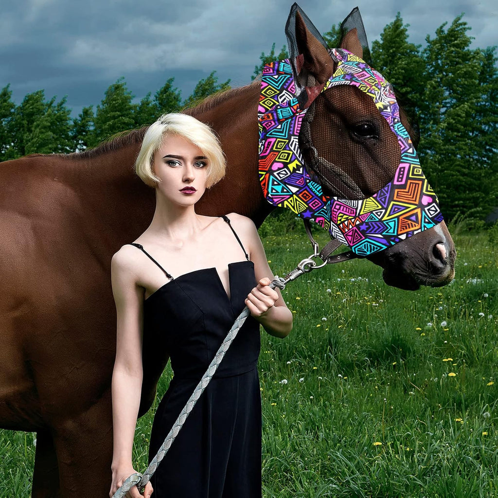 Frienda 4 Pieces Horse Fly Masks with Ears Face Covering UV Protection from Insect Pests Elasticity Smooth Comfortable Mesh Horse Mask Accessories(Geometric,Large)