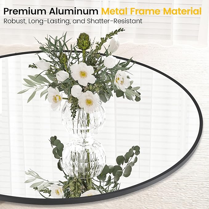 Round Mirror 24 Inch Circle Bathroom Mirror: Fog Resistant Glass with Aluminum Frame - Wall Mounted Vanity Mirror for Entryway, Bedroom & Living Room Decor，Black