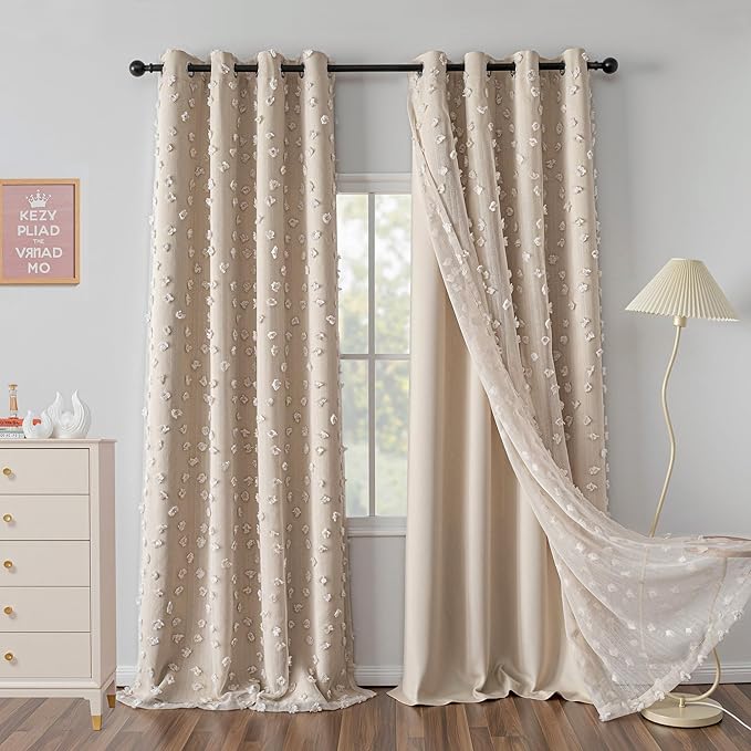 MYSKY HOME Beige Curtains for Bedroom 95 Inches Long Living Room Curtain with Beige Pom Pom Sheer for Dining Room Grommet Double Layer Nursery Curtain Toddler Room Darkening Window Drapes 52 Wide