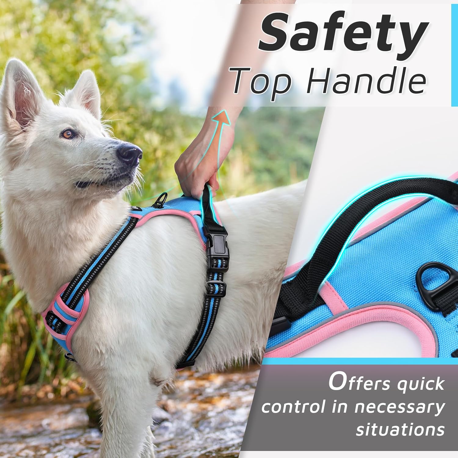 Eagloo Dog Harness for Large Dogs, No Pull Service Vest with Reflective Strips and Control Handle, Adjustable and Comfortable for Walking, No Choke Harness with 2 Metal Rings, Pink & Blue, M