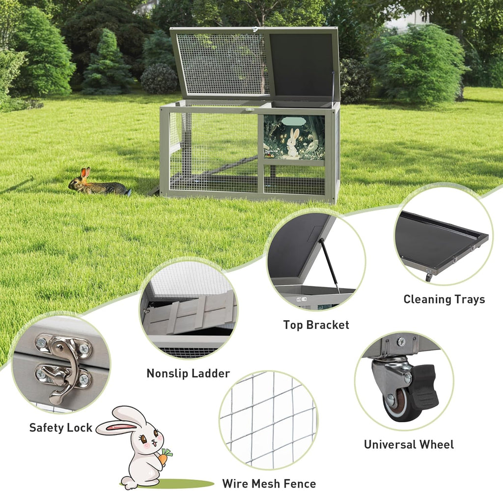 COZIWOW Fashionable Wood 36In Rabbit Hutch Indoor on Wheels Bunny Cage Outdoor Rabbit Cage with Clean Tray, Openable Roof, Anti-Slip Ramp for Small Bunny Rabbit (Grey with Pattern)