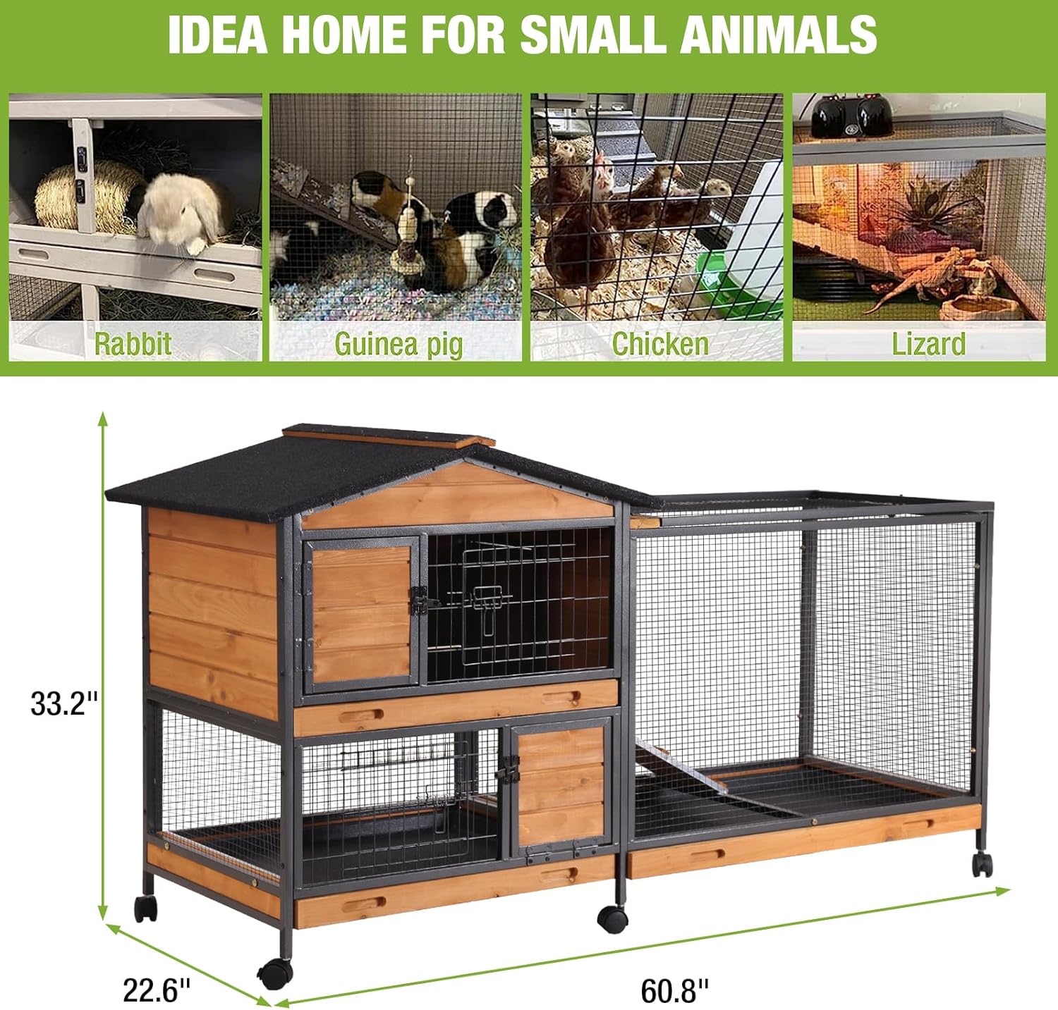 GUTINNEEN Rabbit Hutch Outdoor with Metal Surround Indoor Rabbit Cage with Wheels Bunny Cage Large Guinea Pig Cage for Small Animals with Tray