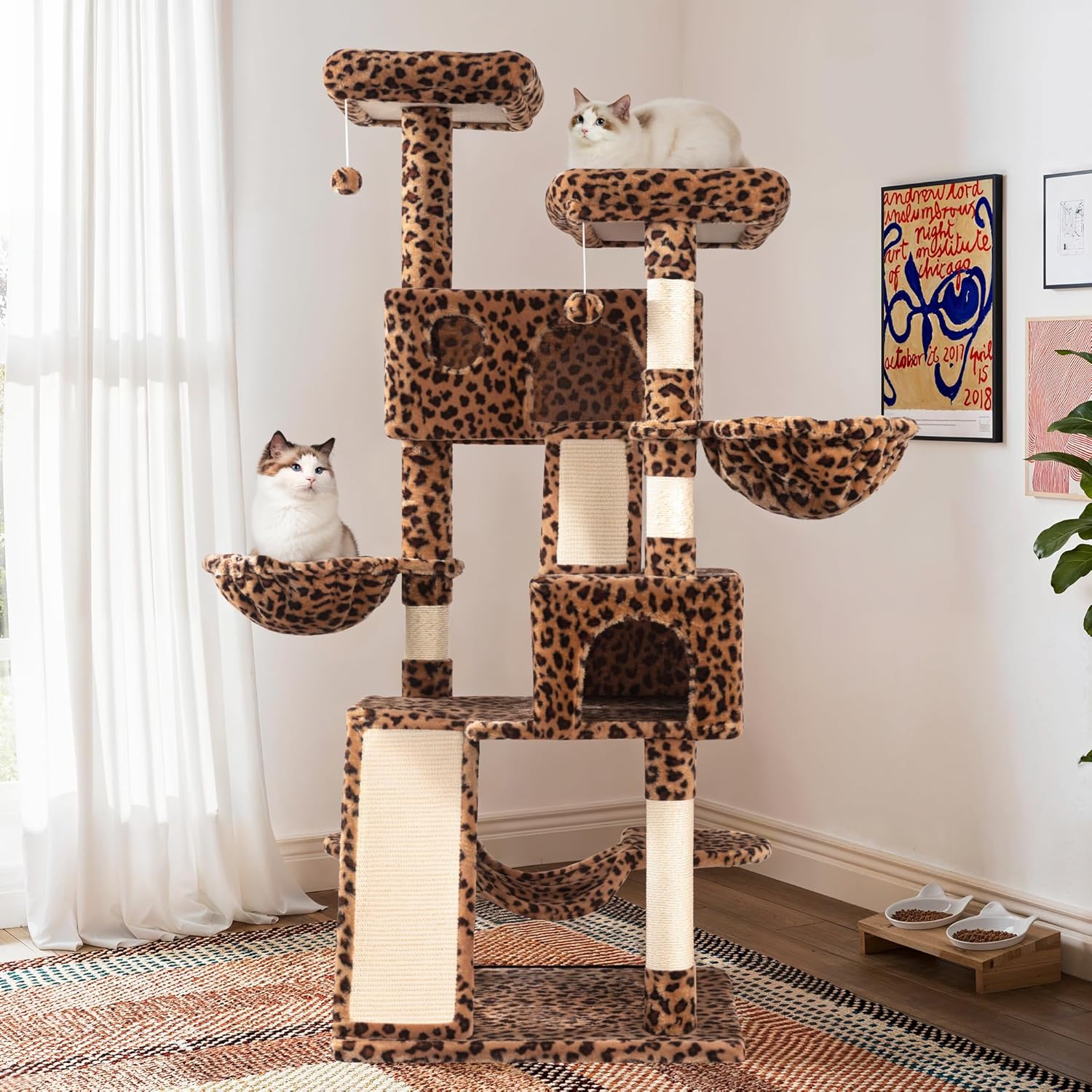 SHA CERLIN 65in Larger Cat Tree Tower Condo for Indoor Kitties/Multi-Level Furniture Activity Center with Wide Base/Cozy Plush Cat Perches/Baskets/Sisal Scratching Posts and Hammock/Leopard Print