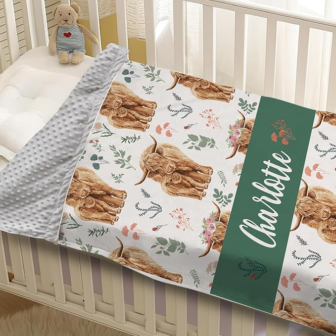 Personalized Baby Name Blanket for Boy Girl, Soft Flannel Blanket with Double Layer Dotted Backing for Infant Newborn, Nursery Crib with Floral Highland Cow Design, Gifts for New Mom(30”x40)