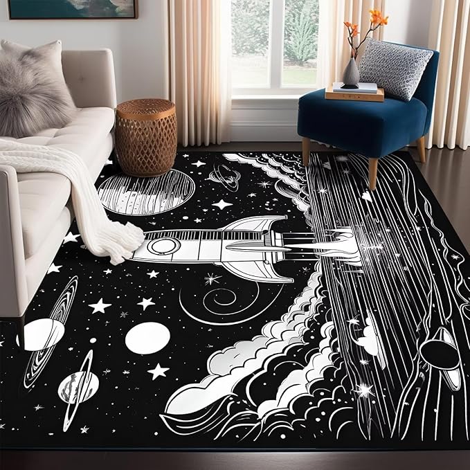 Space Rocket Rug for Boys Room Black and White Rugs Galaxy Stars Carpet Planet Throw Rugs for Kids Teens Doormat Bedroom Living Room,31 in X 47 in