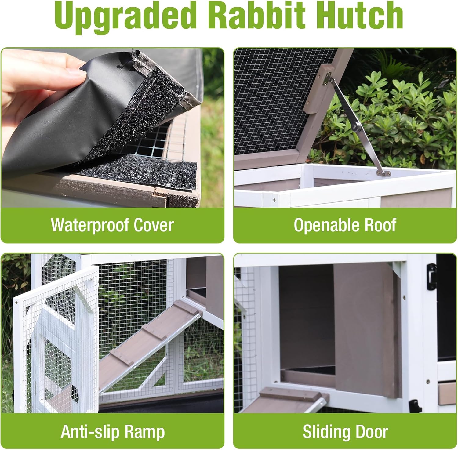 Wooden Rabbit Hutch with Two Story, Bunny Cage with Leak-Proof Trays, and Chew-Proof Ramp, Guinea Pig Cage with Wheels, Suitable for Indoor/Outdoor Use (Grey)