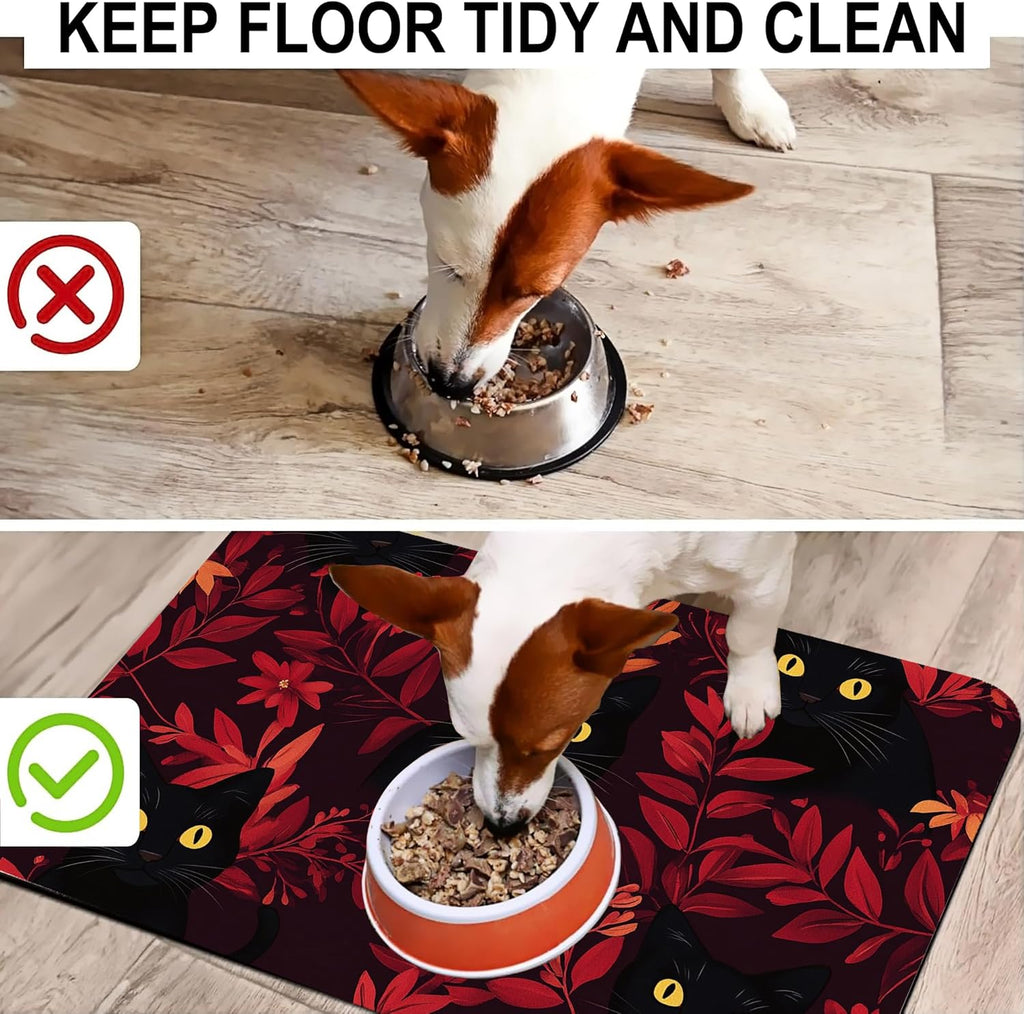 Black Cat Forest Pet Feeding Mat-Quick Dry Absorbent Dog Cat Food Mat, Anti-Slip Water Bowl Mats for Messy Eaters-No Stains Indoor Pet Accessories 16"x24"