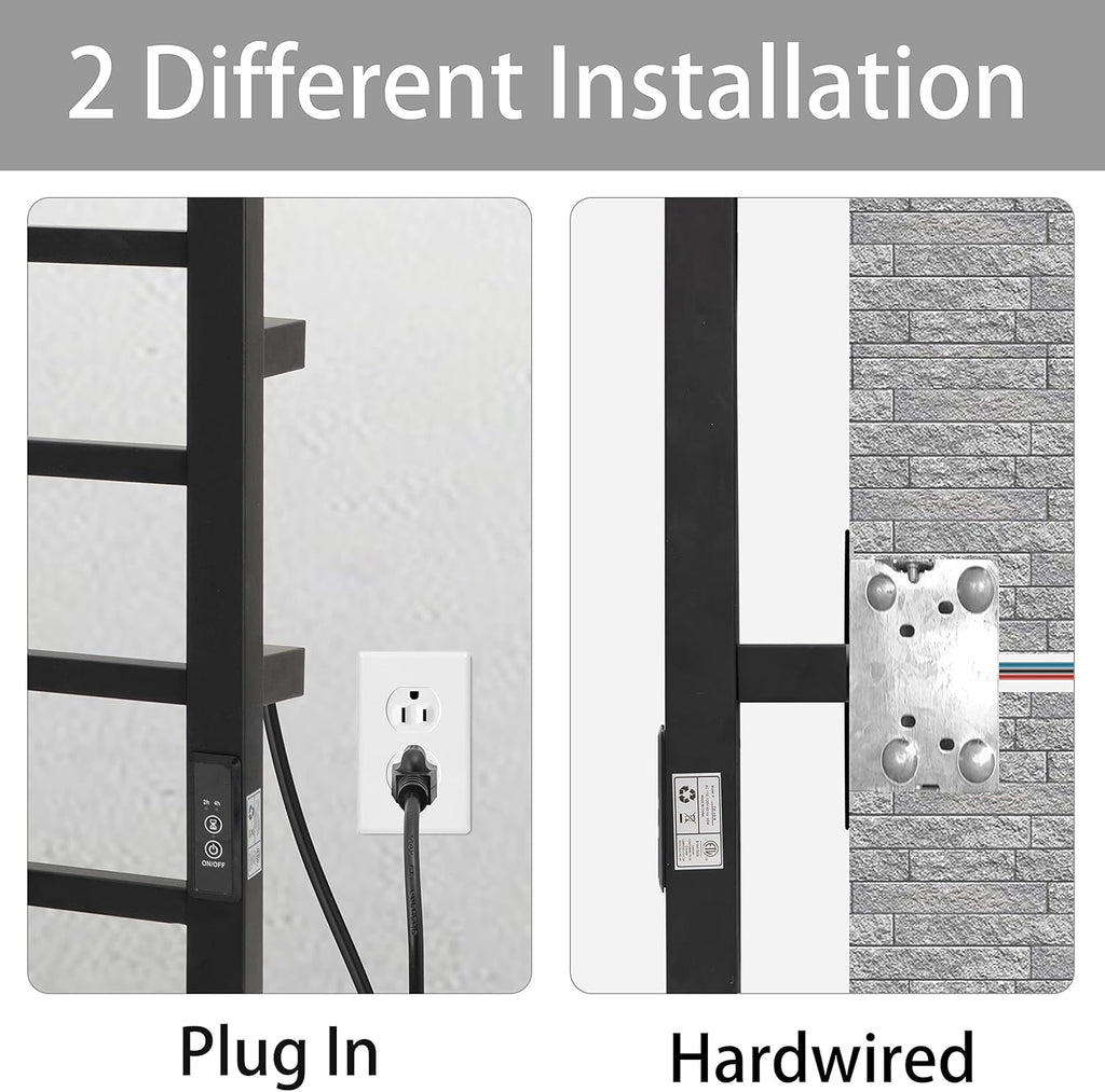KEG Towel Warmer 4 Bars for Bathroom Wall Mounted Bath Towel Heater Hardwired and Plug-in with Built-in Timer Matte Black