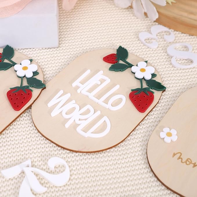 Strawberry Monthly Milestone Cards – Berry Sweet Baby Photo Props, Wooden Newborn Welcome Sign, 3 PCS Wooden and Acrylic Monthly Milestone and Hello World Boards, Month Growth Markers