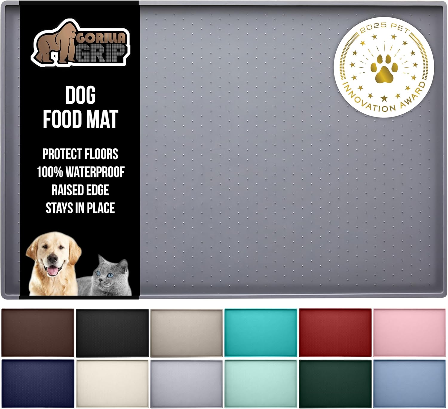 GORILLA GRIP 100% Waterproof Raised Edge BPA Free Silicone Pet Feeding Mat, Dog Cat Food Mats Contain Spills Protects Floors, Placemats for Cats and Dogs Water Bowl, Pets Accessories 18.5x11.5 Gray