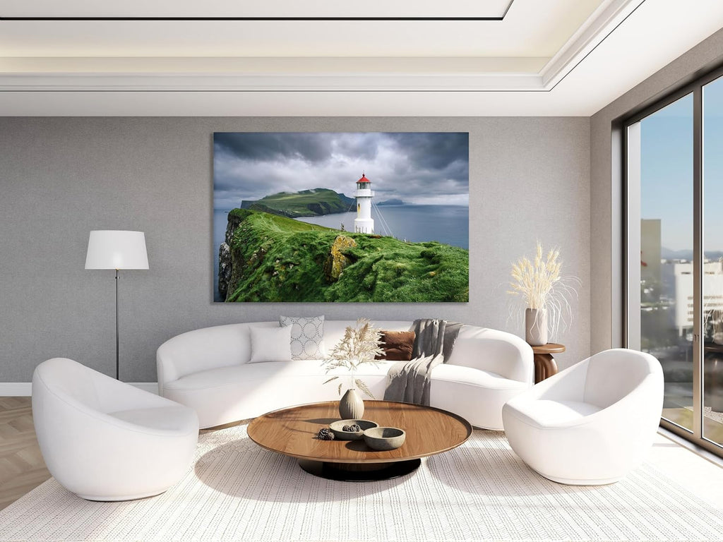 Nature Wall Art Prints - Ocean Forest Mountain Lake Canvas Landscapes - Small to Extra Large Living Room Bedroom Kitchen Bathroom Décor (Stormy Sky Lighthouse, 31L" x 47W")