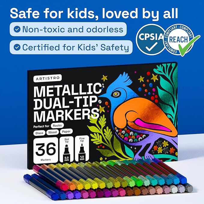 ARTISTRO 36 Metallic Acrylic Paint Markers for Rock, Fabric, Wood, Glass, Craft, Decoration - Dual-Tip Paint Pens - Stocking Stuffers, Christmas Gift Idea for Teens, Grandkids, Kids - Art Supplies
