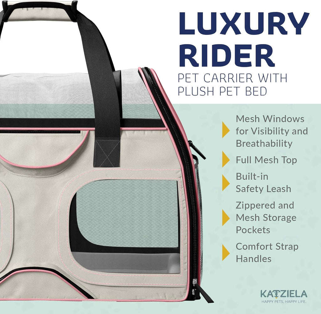 Katziela Pet Carrier - Airline Compliant Dog Carrier - TSA Approved Pet Carrier for Small Dogs and Cats - Soft FAA Travel Airplane Dog Carrier Luggage (Gray/Pink-6 Wheels)