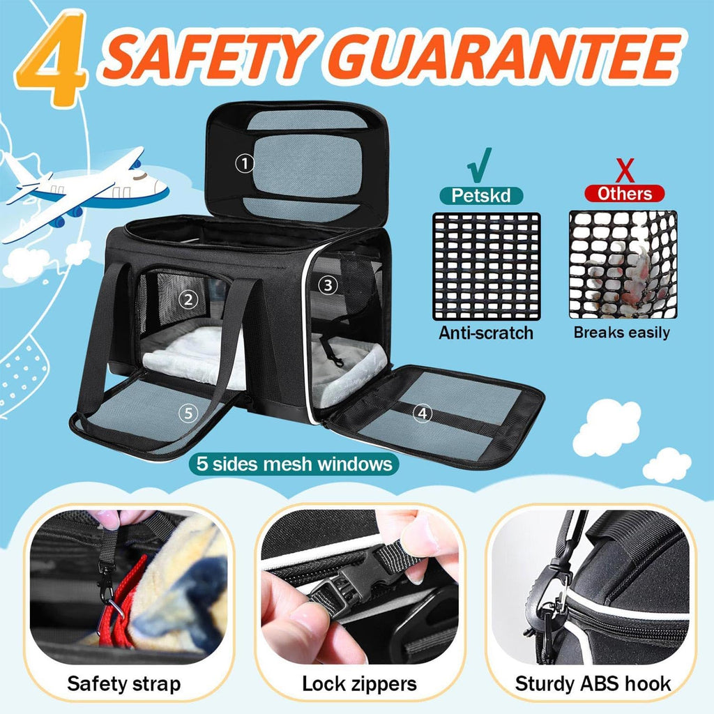 Petskd Top-Expandable Pet Carrier 18x13x9.5 Inches Southwest Airline Approved, Soft-Sided Carrier for Small Cats and Dogs with Locking Safety Zippers and Anti-Scratch Mesh(Black)