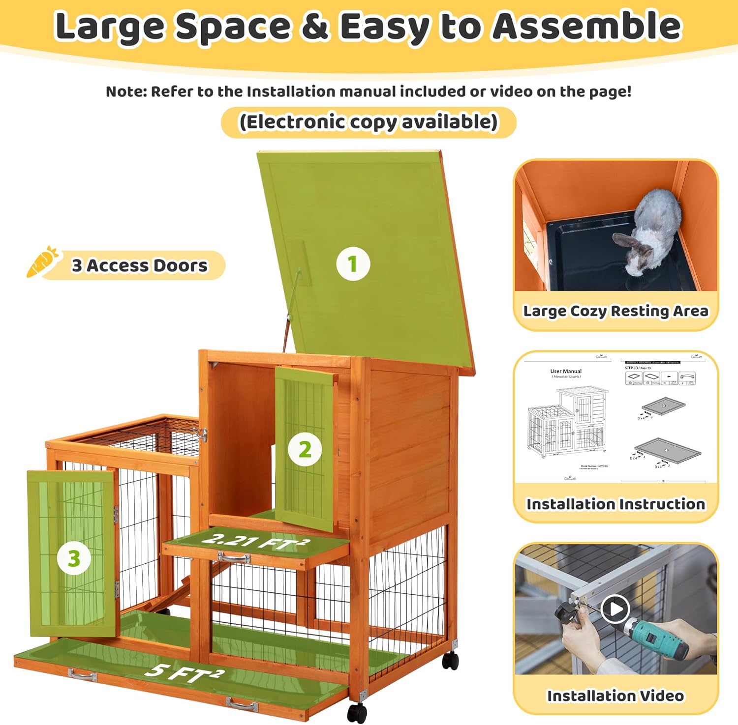 Indoor Rabbit Hutch Outdoor Bunny Hutch with Wheels, 2 Pull-Out Trays, Waterproof Openable Roof, 39" L Large 2-Level Wooden Rabbit Cage Small Animal Enclosure, Orange