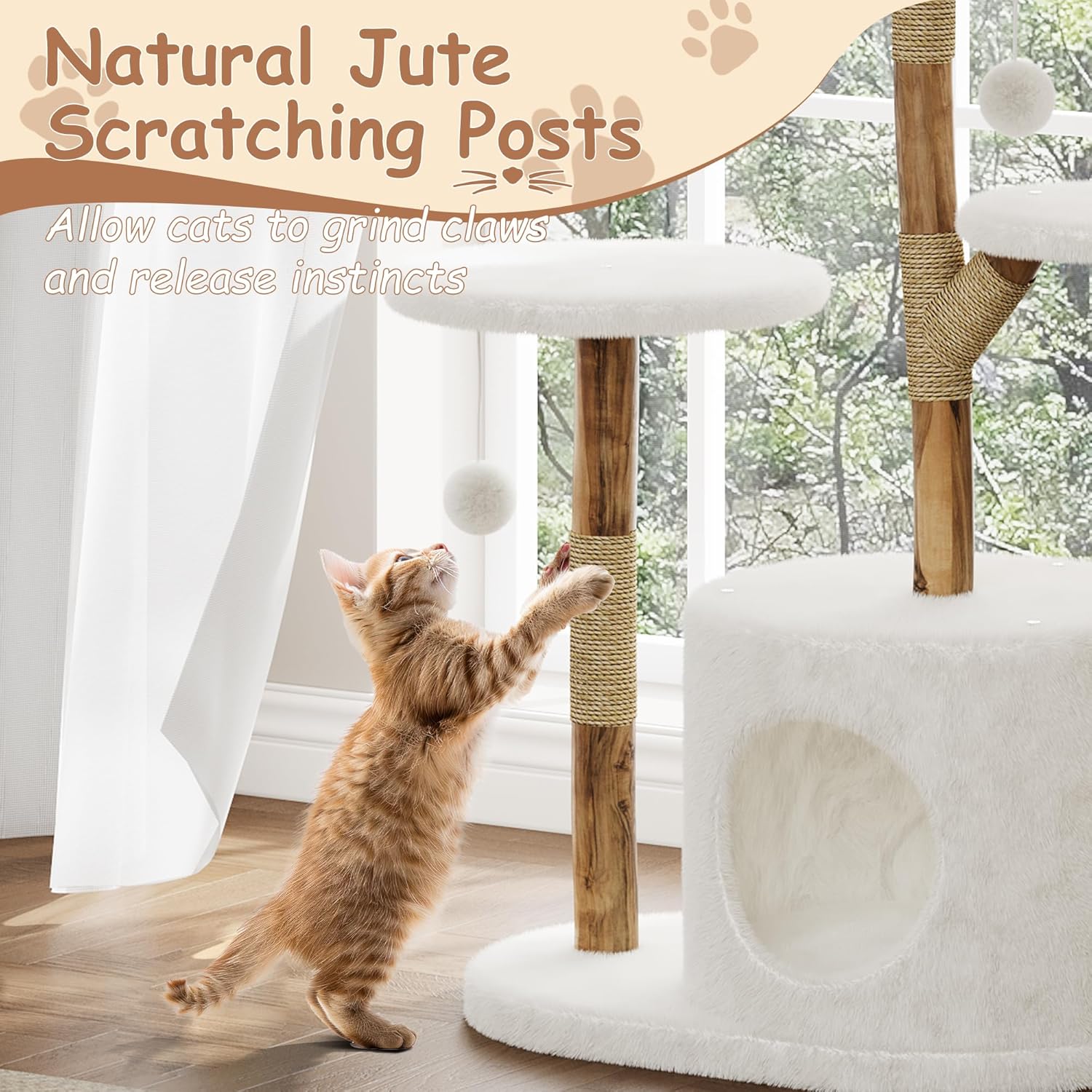 Modern Wood Cat Tree Tower for Large Cats | Luxury Solid Pear Wood Condo with Platforms, Scratching Posts & All-Season Mats, 43" Aesthetic Cat Furniture, 1 Branch
