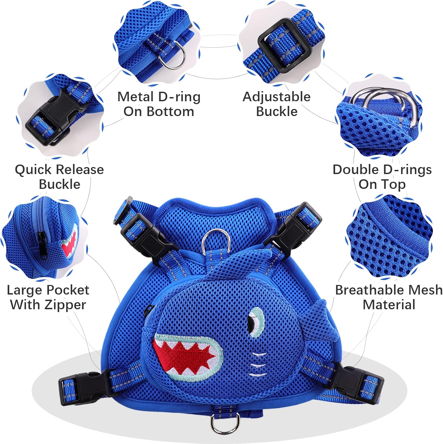 IDOMIK Dog Backpack Harness, No-Pull Dog Backpack with D-Ring for Small Medium Dogs, Cute Self Carrier Backpack for Dogs to Wear, Adjustable Dog Harness Backpack for Traveling Camping Hiking,Shark,M