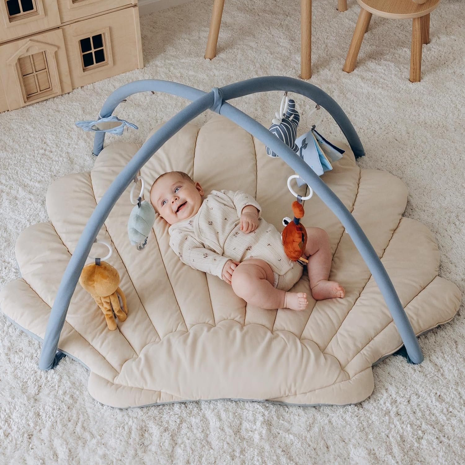 Blissful Diary Shell Baby Play Gym Mat, Softer & Enlarged Tummy Time Mat w 6 Detachable Toys for Sensory & Motor Skill Development, Activity Mat for Newborn Essentials Shower Gift, Boho Ocean Theme