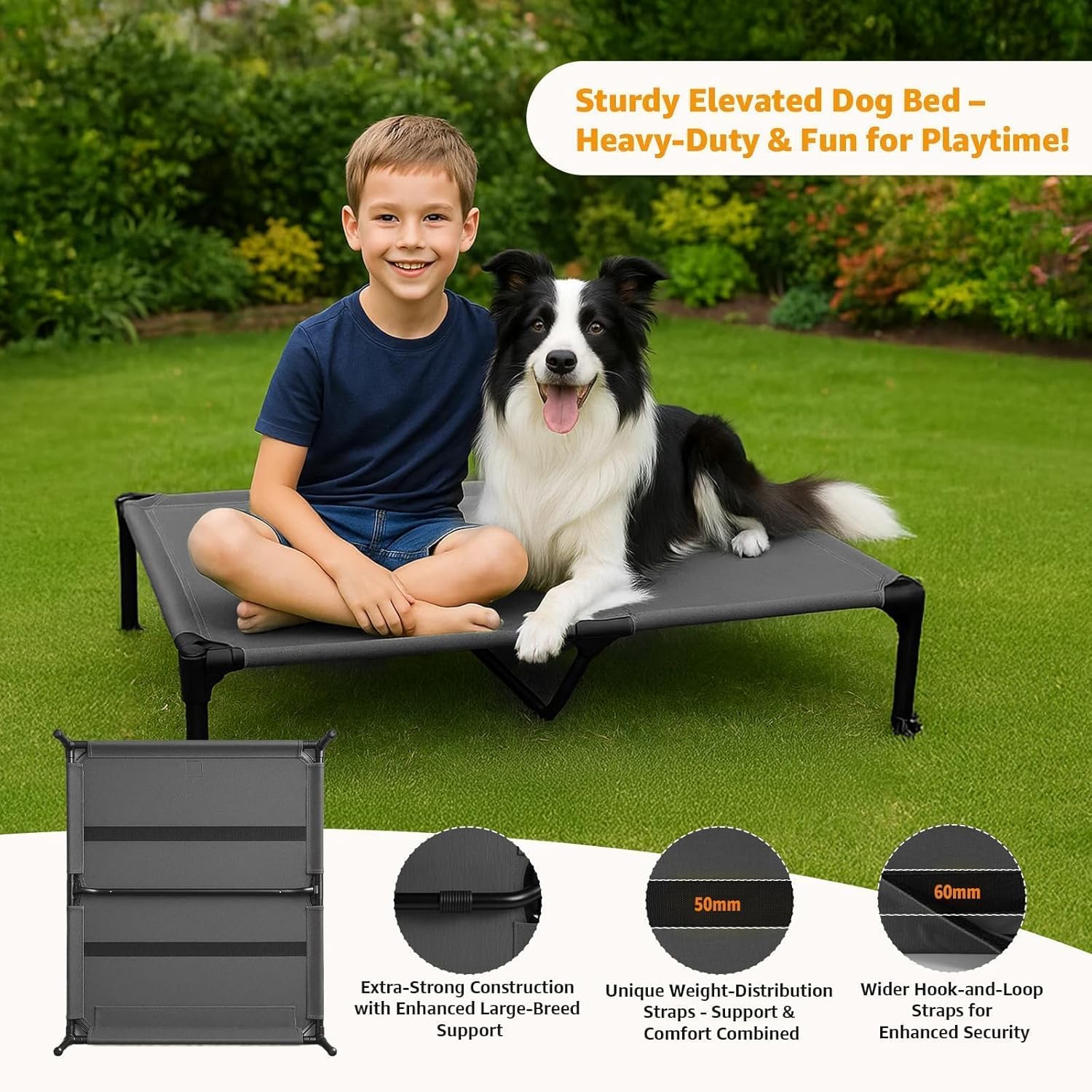 Sytopia Canvas Elevated Dog Bed, Durable Chew Proof Outdoor Raised Pet Cot for Large Dogs, Waterproof, Breathable, Portable, Washable, Easy Assembly, Sturdy Frame for Camping & Travel, Dark Grey