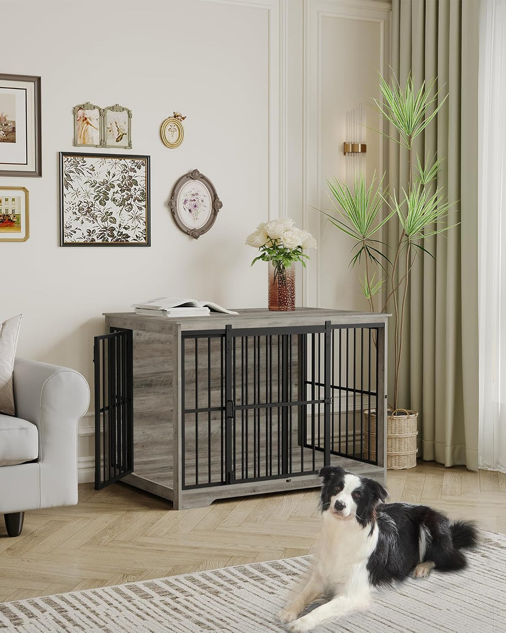 XL Large Dog Crate Furniture, 44.1" Indoor Dog Kennel Furniture with Barn Door, Wooden Tall Dog Crate, Heavy Duty Dog Cage for Large Dogs, Side End Table, Anti-Chew, Greige Black DFC80105B
