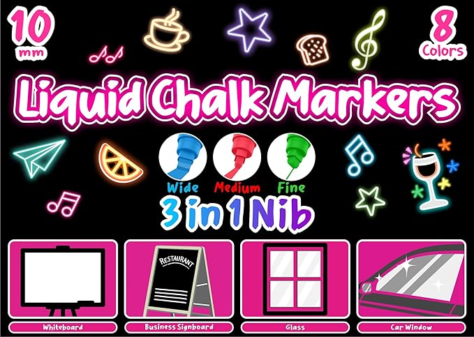 8 UV Neon Chalk Markers Glow in the Dark under Blacklight, Jumbo Liquid Chalk Markers Erasable 10mm 3 In 1 Nib, Car Window Marker For Glass Chalkboard Blackboard Bistro Signs Menu Board