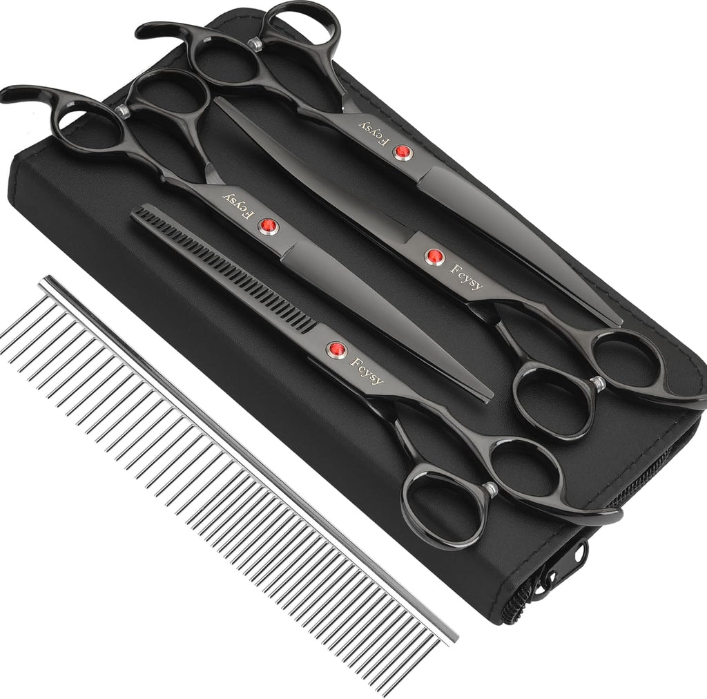 Dog Grooming Scissors Kit, Fcysy Professional Pet Hair Cutting Shears Set with Curved & Straight Blades Scissors Thinning Shears– Stainless Steel Grooming Tools for Dogs & Cats at Home