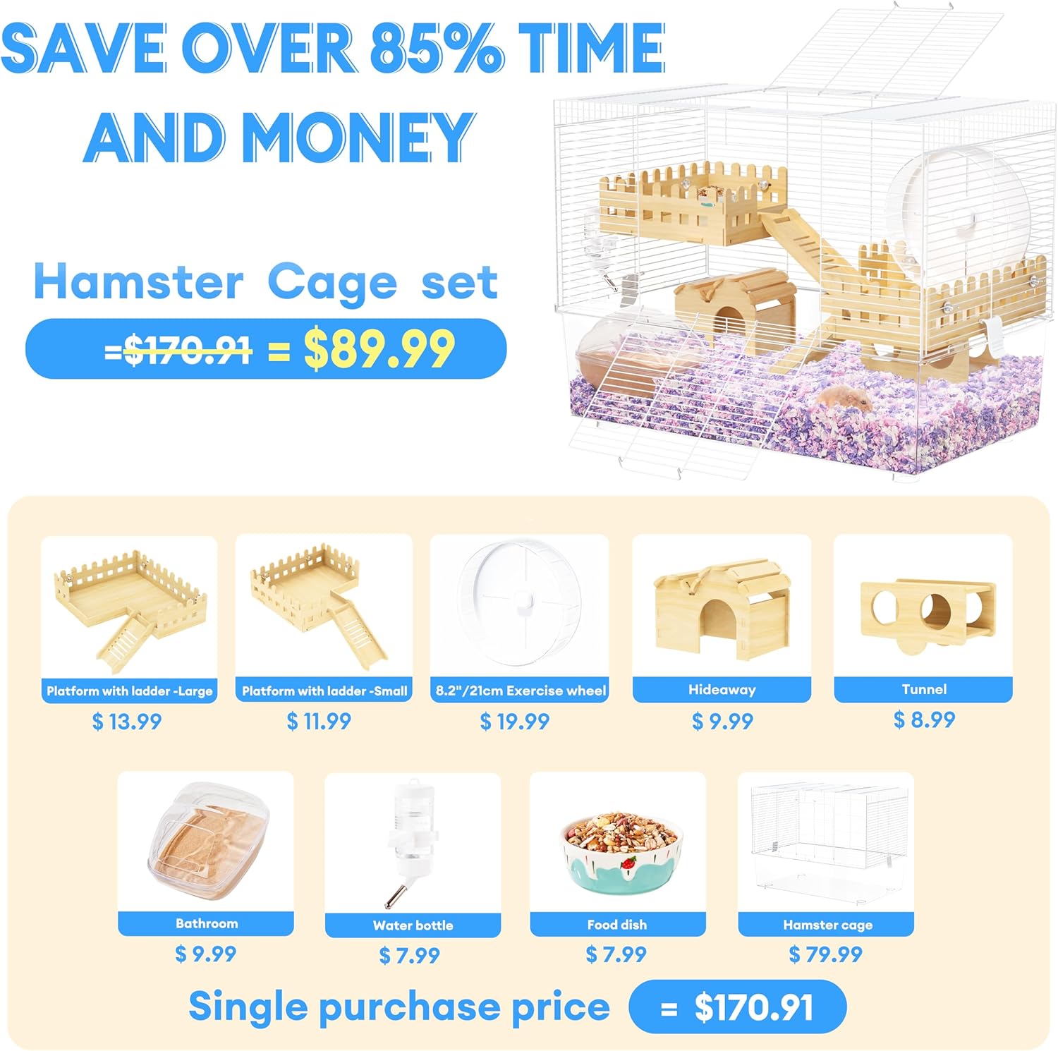 BUCATSTATE Hamster Cage Includes 8 in 1 Accessories, 3-Level Hamster Rat Cage and Habitats for Gerbil, Mice, Syrian Dwarf Hamster (24.4" L x 13.8" W x 16.9" H)