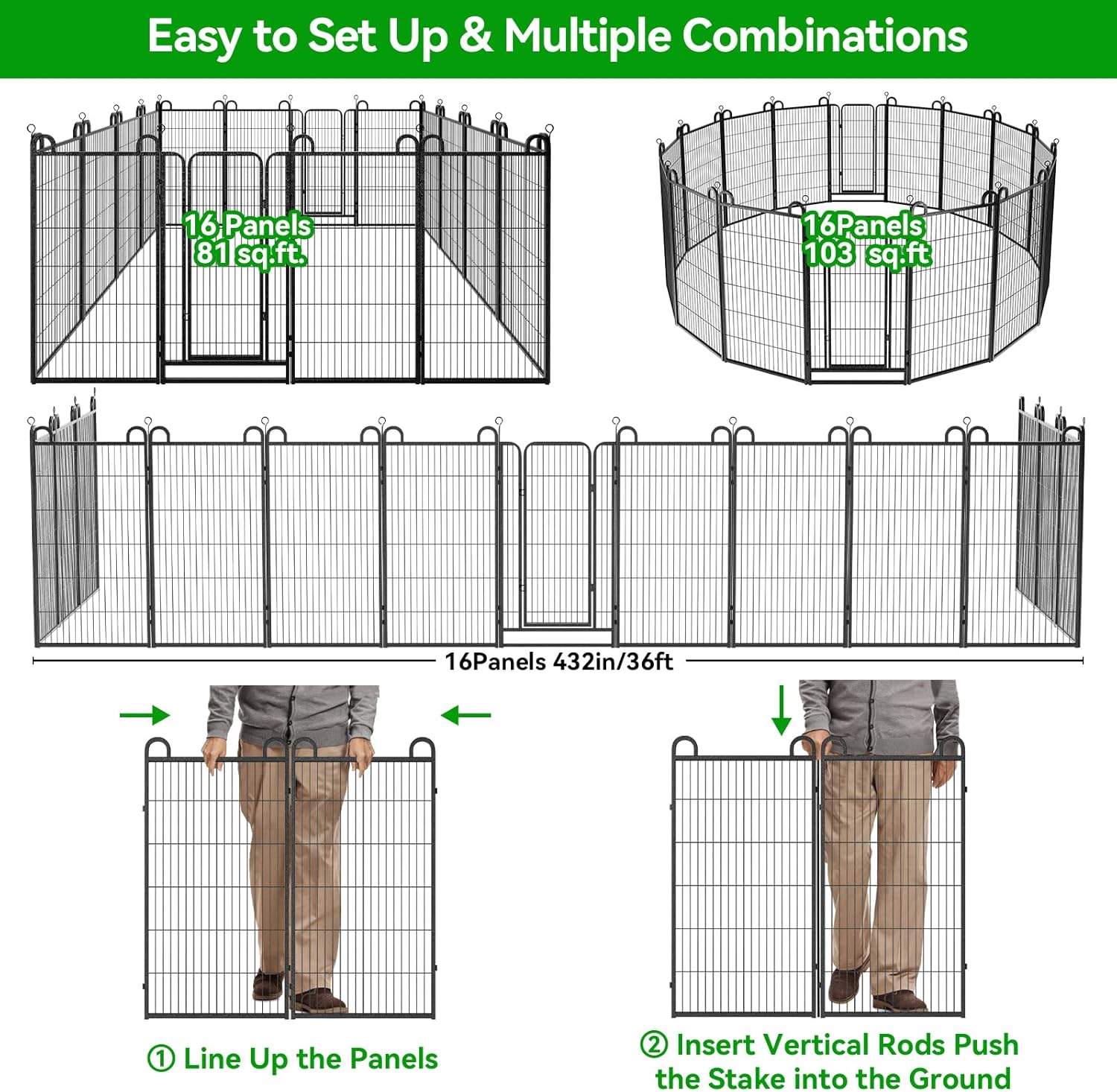 Dog Playpen Outdoor 16 Panels Heavy Duty Dog Fence 47" Height Anti-Rust with Doors Portable for RV Camping Yard, Total 36FT, 103 Sq.ft, Snowy Black