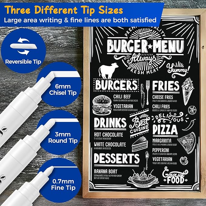 SFAIH White Liquid Chalk Markers for Blackboard, Glass - [Wet Wipe No Residue] 8 Pack- (4x) 2mm/4mm Reversible & (4x) 0.7mm Fine Tip, Ultra Flow Triple-Tips - Menu, Bistro, Signs, Windows, Food Labels