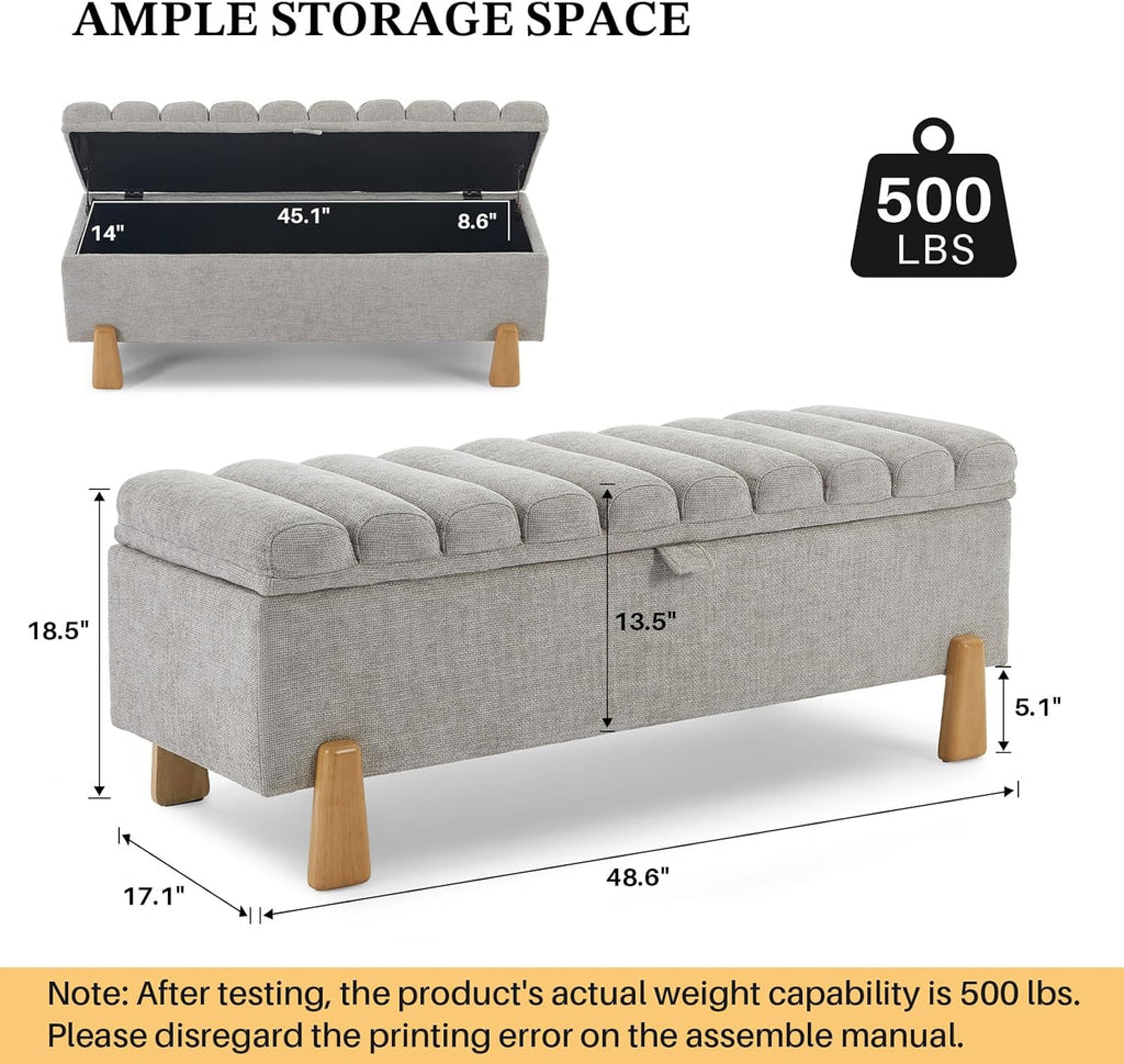 Storage Ottoman Bench, Bedroom Storage Bench Foot Rest with Legs, 17.1 x 48.6 x 18.5 Inches, End of Bed Bench, Load up to 500 lb, for Living Room, Bedroom, Entryway, Light Gray
