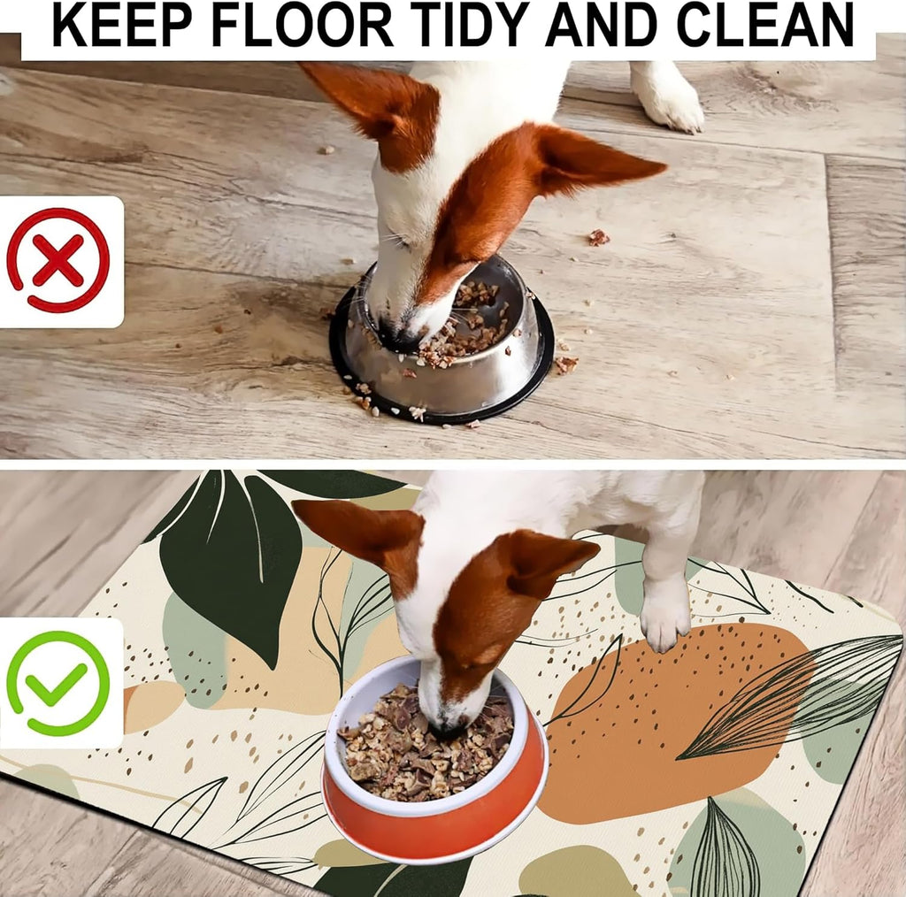 Abstract Boho Leaves Dog Food Mat-Absorbent Pet Feeding Mat for Food and Water Bowl, Quick Dry Dog Placemat with Rubber Backing-No Stains Pet Supplies for Messy Drinkers 16"x24"