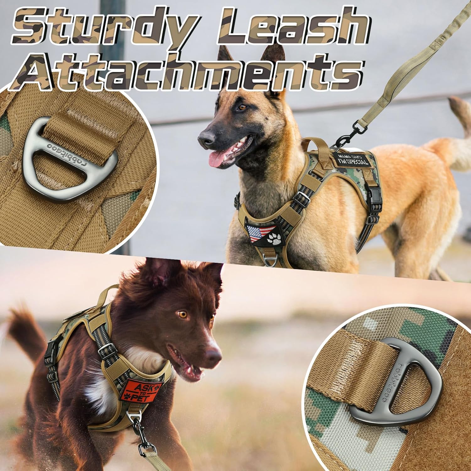 rabbitgoo Tactical Dog Harness Medium Sized Dog, No Pull Military Service Vest with Handle & Molle, Easy Control for Training Walking, Adjustable Reflective Straps, Brown camo, M