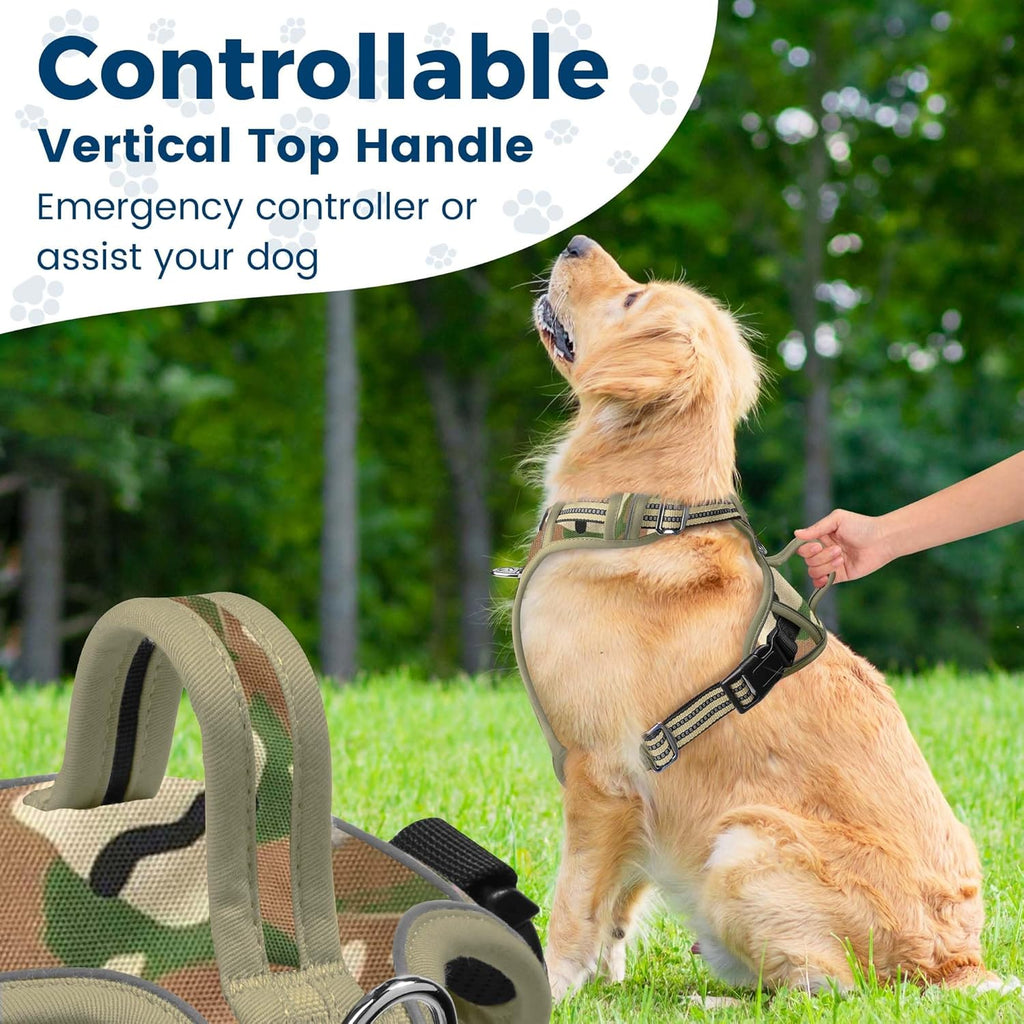 Funfox Dog Harness No Pull, Adjustable Pet Vest Harness, Super Soft Material with Vertical Handle Easy Control, Reflective Night Walking, 2 Leash Clips for Large Dogs, Camo Green, L
