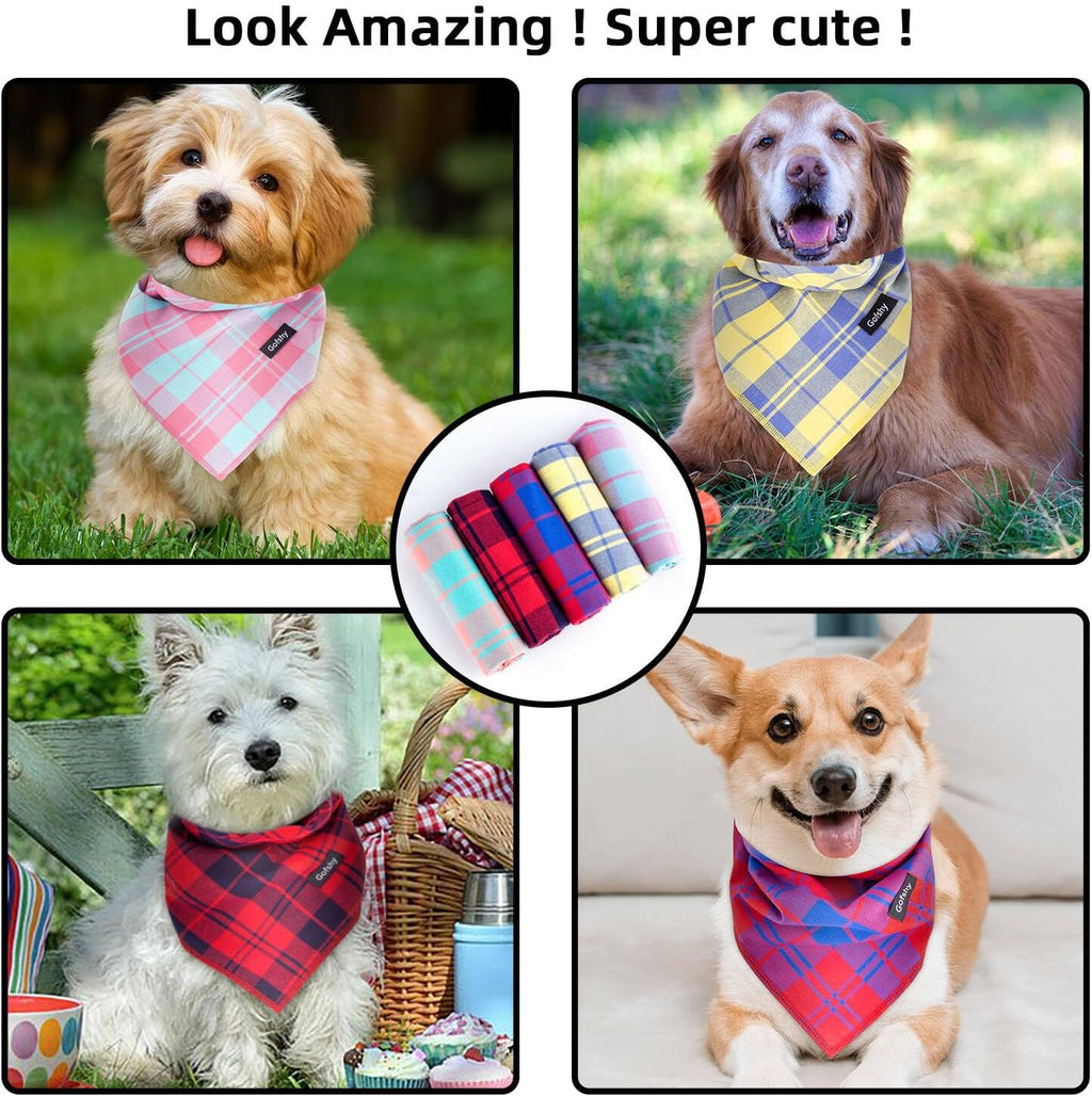 Spring Dog Bandana Large-Dog Scarf Vibrant Color Orange Green Plaid Printing Adjustable Bib Handkerchief Accessories for Medium Large Dogs (L)