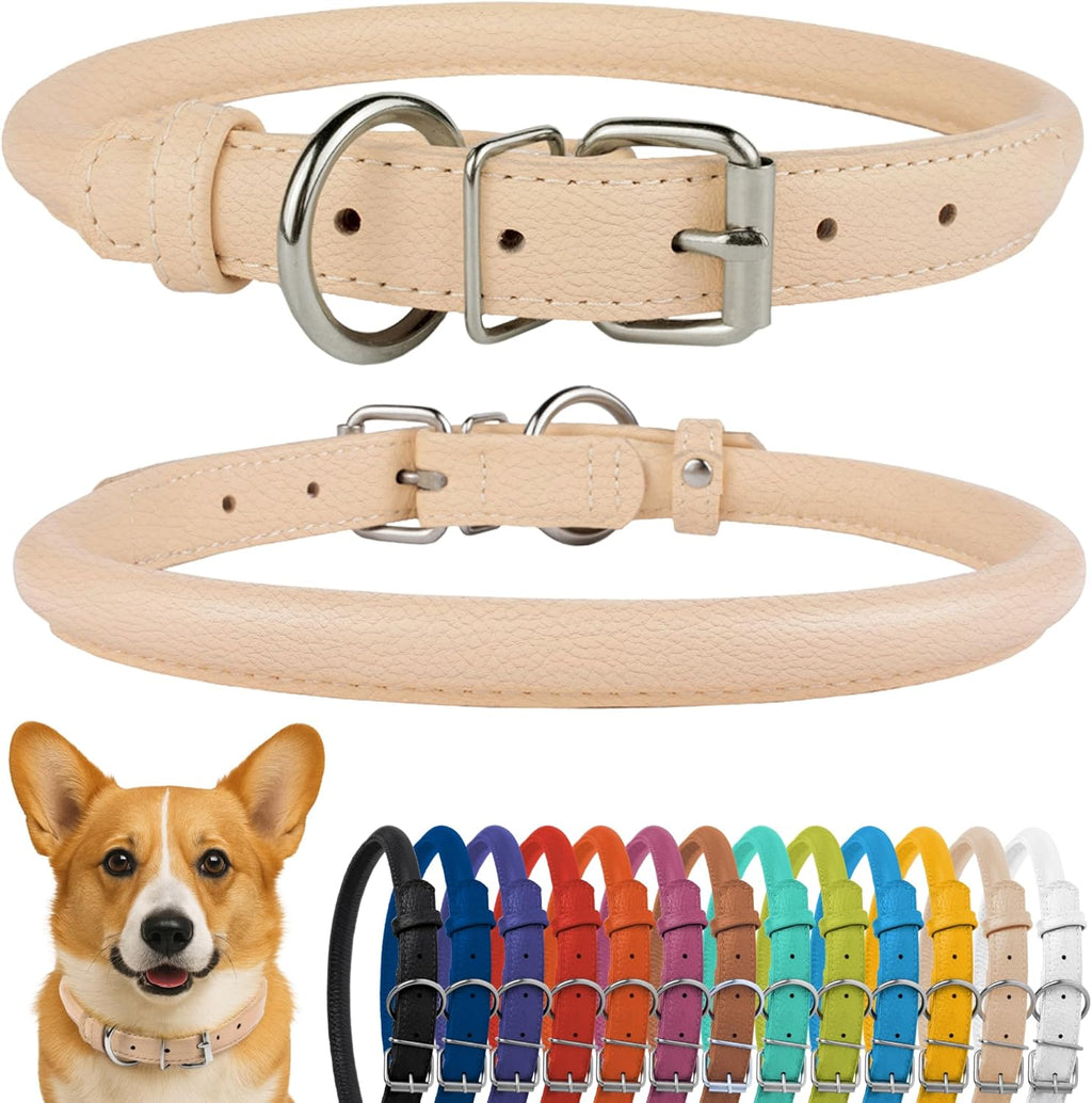 CollarDirect Rolled Leather Dog Collar, Soft Padded Round Puppy Collar, Handmade Genuine Leather Collar Dog Small Large Cat Collars 13 Colors (13-16 Inch, Beige Textured)