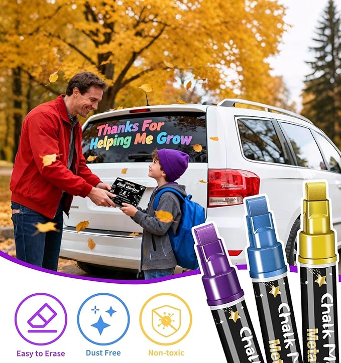 Liquid Chalk Markers for Blackboard, 8 Metallic Color Dry Erase Marker Pens with 10mm 3 in 1 Reversible Tip, Washable Chalkboard Markers Car Window Paint Pens for Christmas Glass Mirror Decor for Kids
